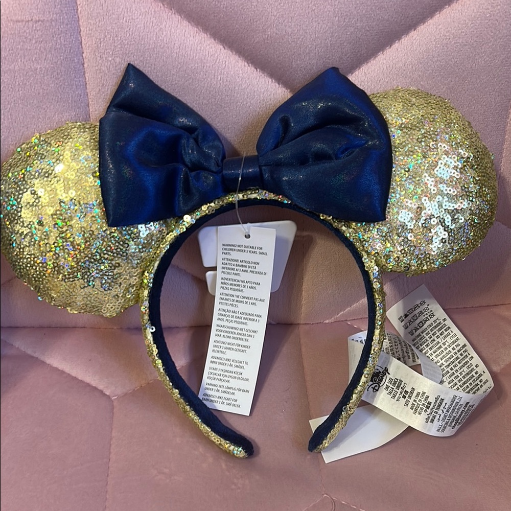 Disney 50th anniversary Gold Sequin Mouse Ears Headband with Blue Bow